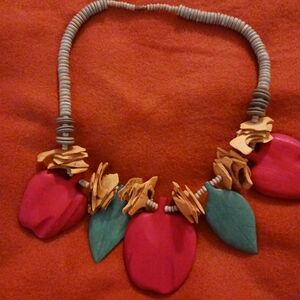 Vintage Wooden Necklace with Red and Green Accents